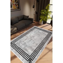 Salon Halısı Modern Çizgili Gri Siyah Kaydırmaz Kesme Yıkanabilir Ince Halı Tüysüz Kilim