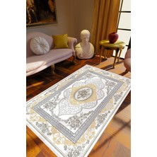 Salon Halısı Klasik Gri Beyaz Altın Kaydırmaz Kesme Yıkanabilir Ince Halı Tüysüz Kilim
