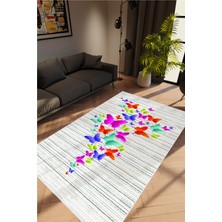 Salon Halısı Figürlü Çiçekli Kelebek Desen Beyaz Kaydırmaz Kesme Yıkanabilir Ince Halı Tüysüz Kilim