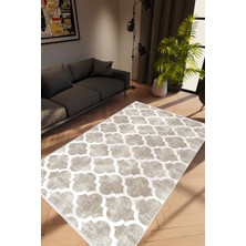 Salon Halısı Modern Geometrik Gri Krem Beyaz Kaydırmaz Kesme Yıkanabilir Ince Halı Tüysüz Kilim