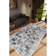 Salon Halısı Modern Patchwork Mozaik Desen Gri Kaydırmaz Kesme Yıkanabilir Ince Halı Tüysüz Kilim