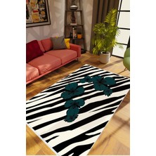 Salon Halısı Çiçekli Zebra Temalı Beyaz Siyah Kaydırmaz Yıkanabilir Ince Halı Tüysüz Kilim