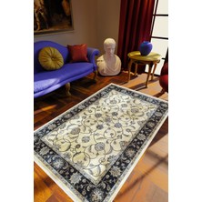 Salon Halısı Klasik Lacivert Ekru Gri Siyah Kaydırmaz Kesme Yıkanabilir Ince Halı Tüysüz Kilim