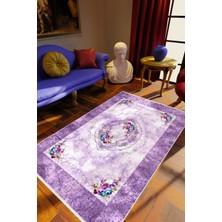 Figürlü Çiçekli Mor Beyaz Kaydırmaz Kesme Yıkanabilir Ince Halı