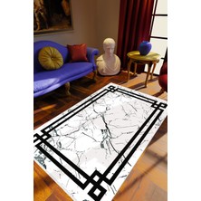 Salon Halısı Eskitme Geometrik Çerçeve Mermer Beyaz Kaydırmaz Yıkanabilir Ince Halı Tüysüz Kilim