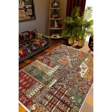 Salon Halısı Otantik Eskitme Patchwork Bordo Kaydırmaz Kesme Yıkanabilir Ince Halı Tüysüz Kilim