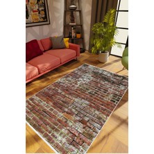 Salon Halısı Taş Mermer Eskitme Tuğla Desen Kahverengi Kaydırmaz Yıkanabilir Ince Halı Tüysüz Kilim