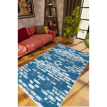 Salon Halısı Taş Mermer Eskitme Lacivert Mavi Kaydırmaz Kesme Yıkanabilir Ince Halı Tüysüz Kilim