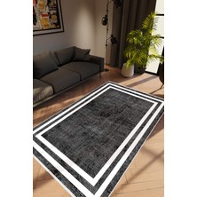 Salon Halısı Modern Çizgili Siyah Anstrasit Krem Kaydırmaz Kesme Yıkanabilir Ince Halı Tüysüz Kilim