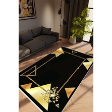 Modern Geometrik Altın Siyah Kaydırmaz Kesme Yıkanabilir Ince Halı