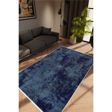 Modern Eskitme Lacivert Kaydırmaz Kesme Yıkanabilir Ince Halı