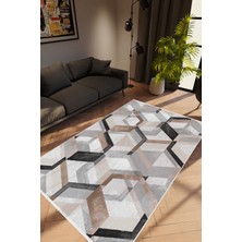Modern Geometrik Kahverengi Gri Kaydırmaz Kesme Yıkanabilir Ince Halı