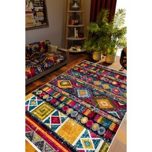 Kilim Desenli Otantik Eskitme Sarı Kaydırmaz Kesme Yıkanabilir Ince Halı