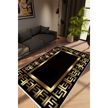 Modern Klasik Altın Gold Siyah Kaydırmaz Kesme Yıkanabilir Ince Halı