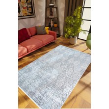 Modern Eskitme Baklava Desen Mavi Gri Kaydırmaz Kesme Yıkanabilir Ince Halı