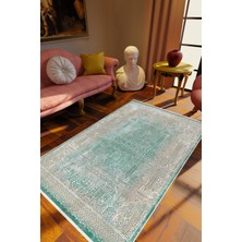 Klasik Turkuaz Beyaz Kaydırmaz Kesme Yıkanabilir Ince Halı