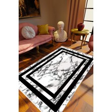 Eskitme Modern Çerçeve Desenli Mermer Siyah Beyaz Kaydırmaz Kesme Yıkanabilir Ince Halı