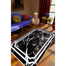 Eskitme Modern Çerçeve Desenli Mermer Siyah Beyaz Kaydırmaz Kesme Yıkanabilir Ince Halı