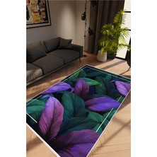 Figürlü Çiçekli Yaprak Desen Yeşil Mor Kaydırmaz Kesme Yıkanabilir Ince Halı