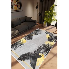 Figürlü Çiçekli Gri Siyah Kaydırmaz Kesme Yıkanabilir Ince Halı