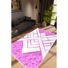 Modern Geometrik Metalik Pembe Beyaz Kaydırmaz Kesme Yıkanabilir Ince Halı