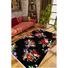 Figürlü Çiçekli Siyah Kaydırmaz Kesme Yıkanabilir Ince Halı