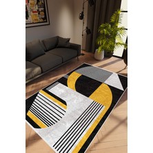 Modern Geometrik Altın Siyah Sarı Beyaz Kaydırmaz Kesme Yıkanabilir Ince Halı