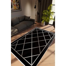 Modern Geometrik Siyah Gri Kaydırmaz Kesme Yıkanabilir Ince Halı