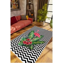 Figürlü Çiçekli Flamingo Beyaz Kaydırmaz Kesme Yıkanabilir Ince Halı