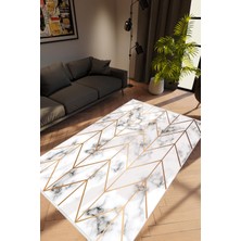 Modern Geometrik Metalik Gri Altın Kaydırmaz Kesme Yıkanabilir Ince Halı