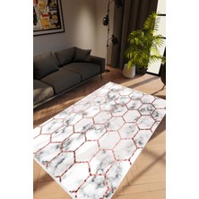 Modern Geometrik Metalik Altıgen Gri Altın Kaydırmaz Kesme Yıkanabilir Ince Halı