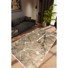 Taş Mermer Modern Kahverengi Krem Kaydırmaz Kesme Yıkanabilir Ince Halı