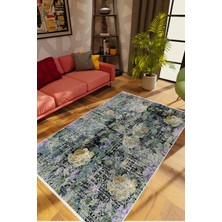 Figürlü Çiçekli Gri Kaydırmaz Kesme Yıkanabilir Ince Halı