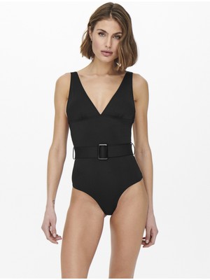 Only Onlcindy Belt Swimsuit Normal Kalıp Düz Siyah Kadın Mayo