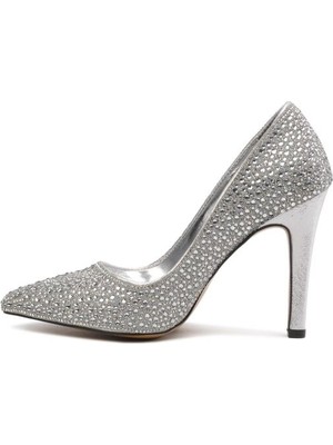 Venüs Gümüş Kadın Taş Detaylı Topuklu Stiletto Ayakkabı