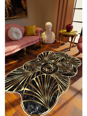 Salon Halısı Klasik Modern Gold Altın Siyah Metalik Kaydırmaz Yıkanabilir Ince Halı Tüysüz Kilim