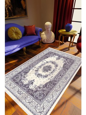 Salon Halısı Figürlü Çiçekli Gri Beyaz Kaydırmaz Kesme Yıkanabilir Ince Halı Tüysüz Kilim