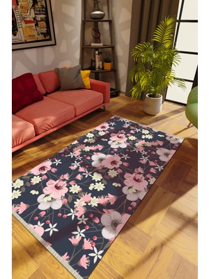 Modern Çiçekli Karışık Renkli Dijital Baskı Halı Kaydırmaz Ince Yıkanabilir