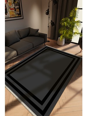Modern Siyah Dijital Baskı Halı Kaydırmaz Ince Yıkanabilir
