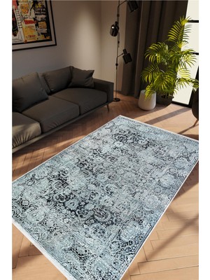 Salon Halısı Doku Eskitme Mavi Siyah Kaydırmaz Kesme Yıkanabilir Ince Halı Tüysüz Kilim