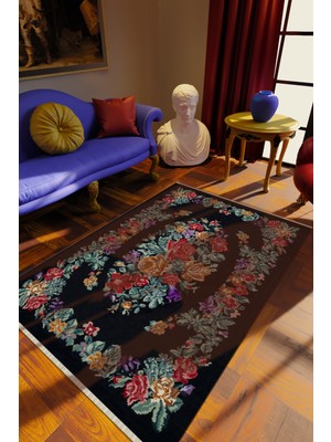 Klasik Çiçekli Karışık Renkli Dijital Baskı Halı Kaydırmaz Ince Yıkanabilir