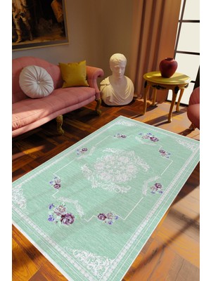 10 Post Online Figürlü Çiçekli Turkuaz Kaydırmaz Kesme Yıkanabilir Ince Halı