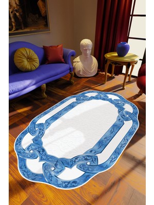 Salon Halısı Klasik Modern Mavi Beyaz Kaydırmaz Kesme Yıkanabilir Ince Halı Tüysüz Kilim