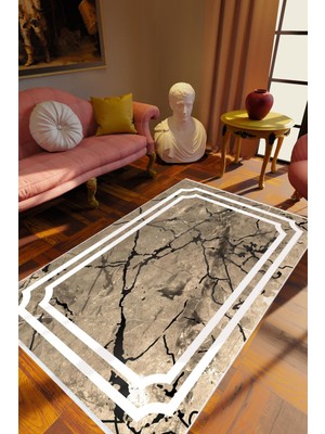 Salon Halısı Eskitme Modern Mermer Metalik Kahverengi Siyah Beyaz Kaydırmaz Yıkanabilir Ince Halı
