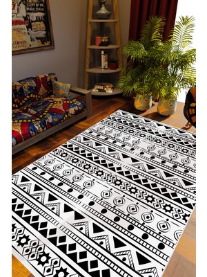 Salon Halısı Otantik Eskitme Beyaz Siyah Kaydırmaz Kesme Yıkanabilir Ince Halı Tüysüz Kilim