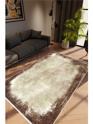 Salon Halısı Doku Eskitme Kahverengi Krem Kaydırmaz Kesme Yıkanabilir Ince Halı Tüysüz Kilim