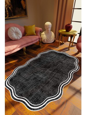 Salon Halısı Klasik Modern Lazer Kesim Gri Siyah Kaydırmaz Kesme Yıkanabilir Ince Halı Tüysüz Kilim