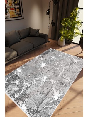 Salon Halısı Modern Eskitme Gümüş Gri Beyaz Kaydırmaz Kesme Yıkanabilir Ince Halı Tüysüz Kilim