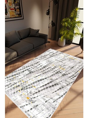 Modern Eskitme Gri Beyaz Siyah Kaydırmaz Kesme Yıkanabilir Ince Halı