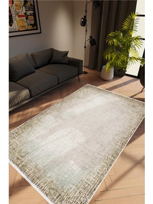Salon Halısı Doku Eskitme Haki Vizon Kaydırmaz Kesme Yıkanabilir Ince Halı Tüysüz Kilim